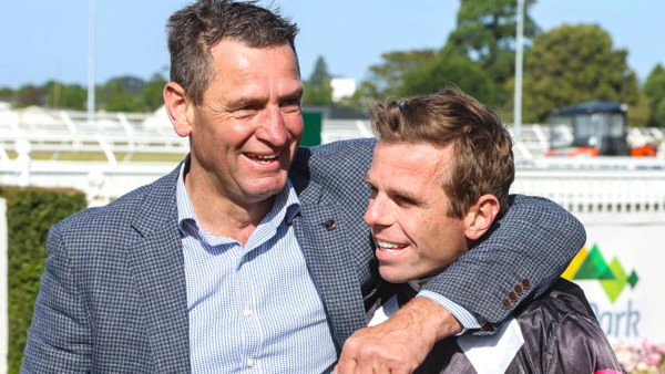 Trainer Robbie Patterson and jockey Craig Grylls were all smiles after Puntura's Gr.3 Coupland's Bakeries Mile win on Wednesday.  Photo: Race Images South