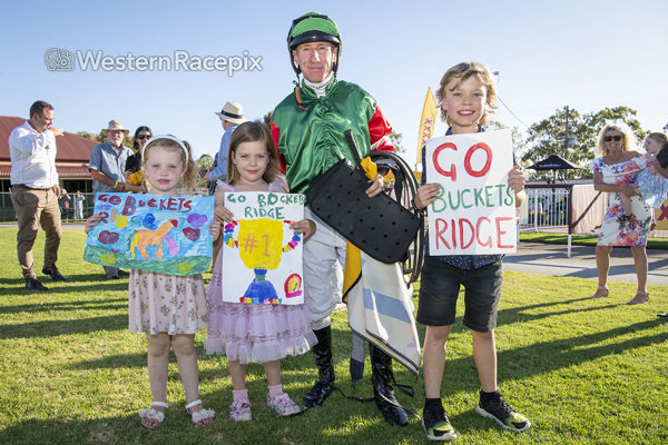 King of the kids with the Buckets Ridge fan club (image Western Racepix)