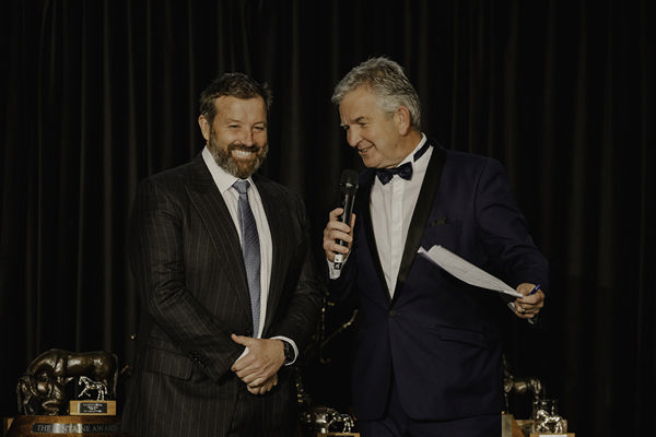 Waikato Stud’s Mark Chittick (left) with Steve Davis at Saturday’s National Breeding Awards, Photo: Christine Cornege