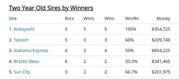Leading 2YO sires by winners, click for more info.