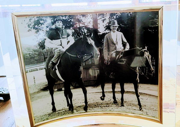 Phil Gleaves on DANZIG after a gallop at Belmont Park in 1980. Woody Stephens is next to him on the pony. 