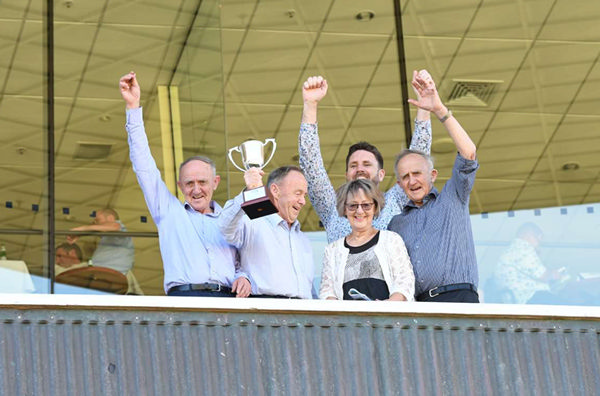 The Dennis Brothers celebrate following The Chosen One's victory in the Gr.1 Thorndon Mile (1600m).  Photo: Peter Rubery (Race Images Palmerston North)