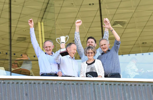 The Dennis Brothers celebrate following The Chosen One's victory in the Gr.1 Thorndon Mile (1600m). Photo: Peter Rubery (Race Images Palmerston North)