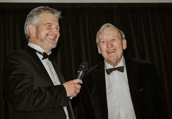 Auckland-based breeder Don Goodwin is interviewed by Steve Davis after his star mare Verry Elleegant was named the Seton Otway Horse of the Year at Saturday night’s National Breeding Awards, sponsored by AGrowQuip.  Photo credit: Christine Dawkins