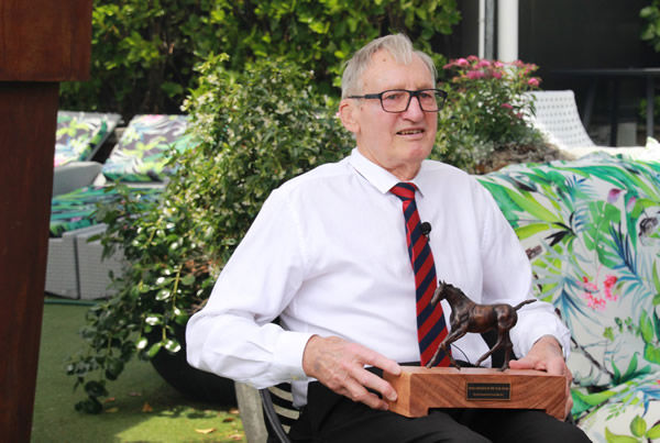 Don Goodwin with the 2020-21 New Zealand Small Breeder of the Year trophy, sponsored by Luigi Muollo.  Photo: NZTBA