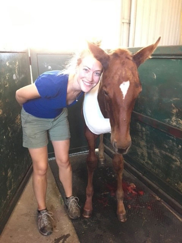 Nicole Meyer is resident vet for Yulong Stud, pictured with this foal recovering from a chest injury.