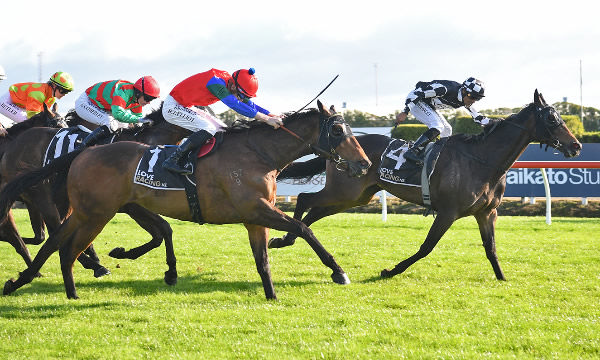 Islington Lass powers down the inside of Sharp'N'Smart to win the Waitoa Free Range Chicken Mile (1600m). Photo: Kenton Wright (Race Images)