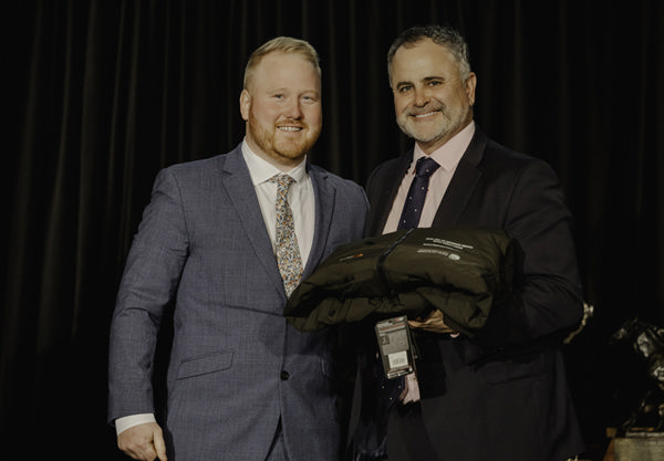 Jack Stewart (left) was named the Mary Lynne Ryan Young Achiever at Saturday’s National Breeding Awards, pictured with Matt Ballesty of New Zealand Thoroughbred Racing Photo: Christine Cornege