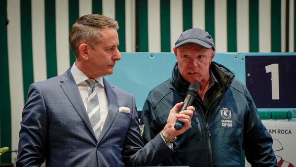 Liam Birchley is shooting for his third win in in the Karaka Million, pictured at the barrier draw with Michael Guerin. 