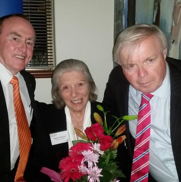 (Photo l to r – Former Perth Cup winning jockey and President of the WA Jockeys Association Bernie Ryan, Marjorie Charleson and Ernie Manning celebrating Marjorie’s birthday in 2016).