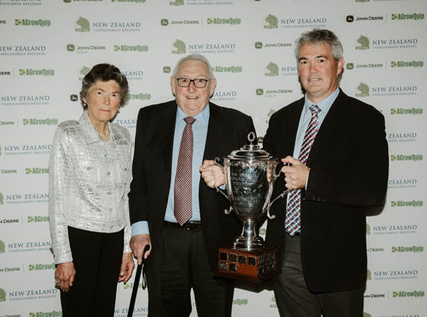 Mark Chitty (right) pictured with his parents Carolyn and Ron after receiving his award for Personality Of The Year at the New Zealand Breeding Awards. Photo: Christine Dawkins