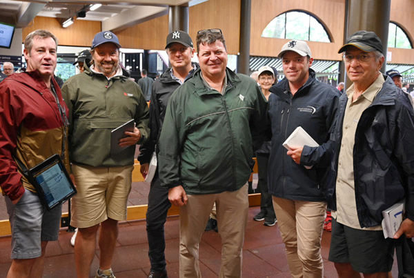 Jamie Hill (left), Waikato Stud principal Mark Chittick, Stephen Marsh, Mike McMahon, Dylan Johnson, and Ken Smole. Photo: Sarah Ebbett