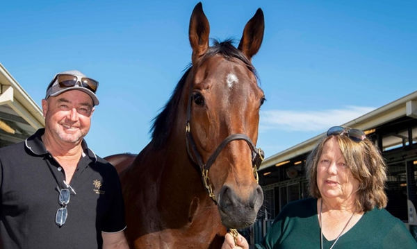Quilista's trainer Justin Warwick and her breeder Ellie Giles after the mare sold for $1million at the 2021 Magic Millions National Sale