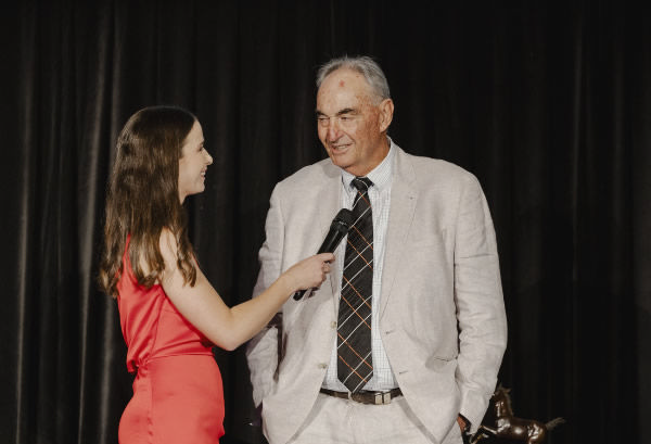 Ray Johnson being interviewed by Emily Bosson at NZTBA's National Breeding Awards on Saturday.  Photo: Christine Cornege