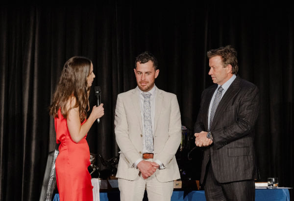 Emily Bosson interviewing Waikato Stud stallion handler Ryan Figgins (middle) and Waikato Stud principal Mark Chittick.  Photo: Christine Cornege