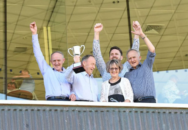 The Dennis Brothers celebrate following The Chosen One's victory in the Gr.1 Thorndon Mile (1600m).   Photo: Peter Rubery (Race Images Palmerston North)