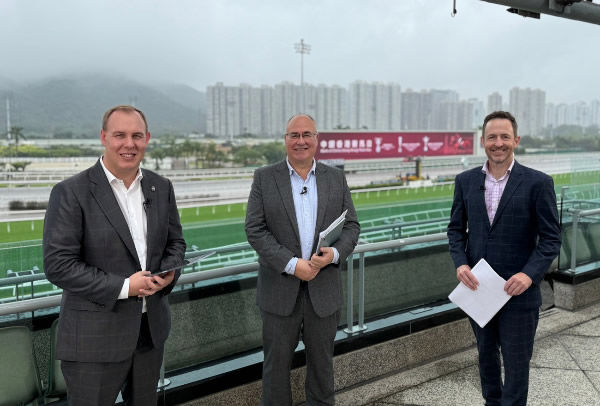 Expat Kiwi race-caller Tom Wood (left) with Paul Lally and Mark McNamara.   Photo: Supplied. 