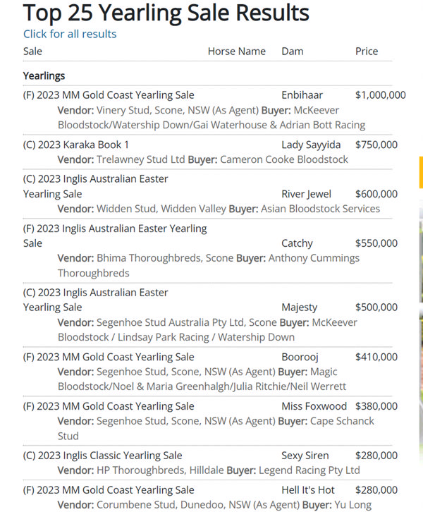 Click here to see all the yearling sales this year for Too Darn Hot.