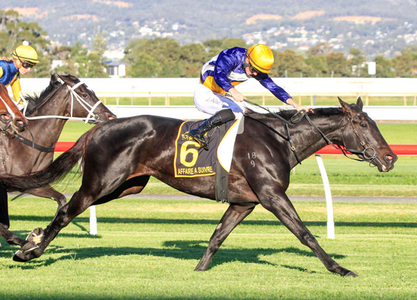 Affaire A Suivre, bred by Courtney and Mandy Howells, winning the Gr.1 Australasian Oaks (2000m)  Photo: Atkins Photography  