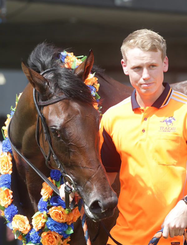 Amarelinha with strapper Sam Bergerson after her impressive win in the Gr.2 David & Karyn Ellis Fillies Classic (2000m) at Te Rapa Photo Credit: Trish Dunell