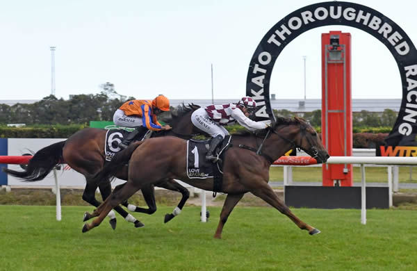 Babylon Berlin resumes impressively claiming the Listed Legacy Lodge Sprint (1200m) at Te Rapa. Photo: Peter Rubery (Race Images Palmerston North)