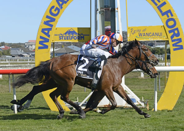 Bellatrix Star (outside) winning at Wanganui on Saturday. Photo: Peter Rubery (Race Images Palmerston North)
