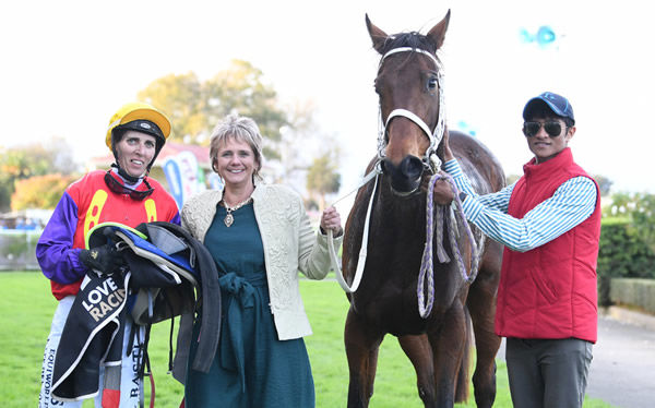 Trainer Lucy Tanner pictured with Belle Plaisir after winning the Listed Rangitikei Gold Cup (1600m). Photo: Race Images