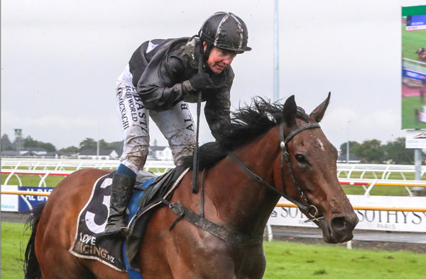 Jockey Tina Comignaghi celebrates a dominant victory by Bozo in the Gr.3 Martin Collins New Zealand Cup (3200m). Photo: Race Images South