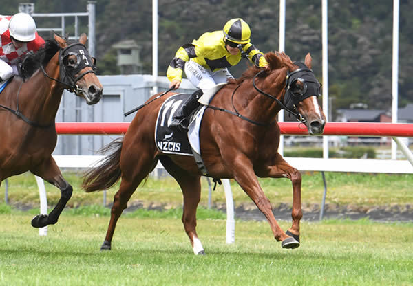 Top apprentice Lily Sutherland celebrates Churchillian's victory in the Gr.3 Dixon & Dunlop Anniversary Handicap (1600m).  Photo: Peter Rubery (Race Images Palmerston North)