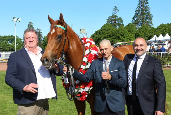 Crocetti pictured with trainers Danny Walker (left) and Arron Arron Tata, and owner-breeder Daniel Nakhle.  Photo: Race Images South