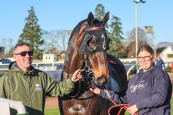 Trainer Andrew Carston pictued with Delmonico following his win at Riccarton's synthetic meeting on Thursday.  Photo: Race Images South