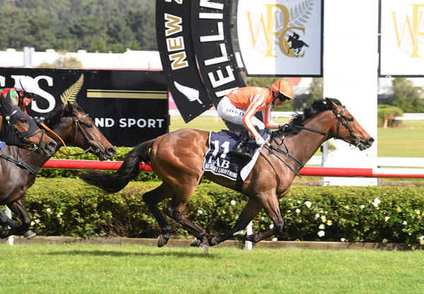 Desert Lightning and Vinnie Colgan after scoring in a turbulent running of the Gr.1 TAB Classic (1600m) at Trentham on Saturday.  Photo: Peter Rubery (Race Images Palmerston North)