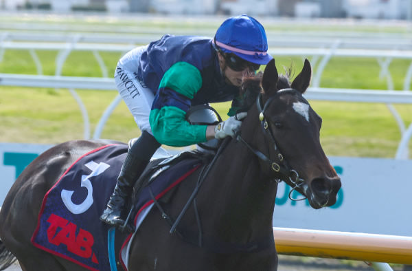 Eliza James winning the Two-Year-Old (800m) at Riccarton on Saturday. Photo: Ajay Berry (Race Images South)