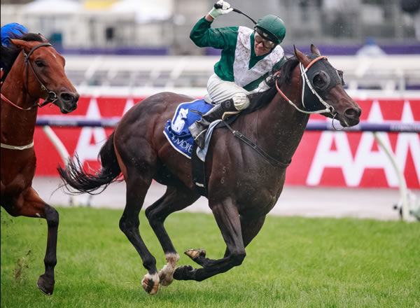 Exceedance forges clear of Bivouac to win the G1 Coolmore Stud Stakes - image Grant Courtney