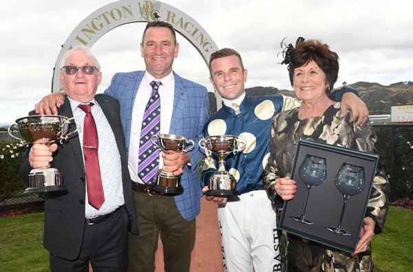 Heather and Peter Crofskey with Robbie Patterson and Craig Grylls after the Gr.1 New Zealand Oaks (2400m).   Photo: Peter Rubery (Race Images Palmerston North)
