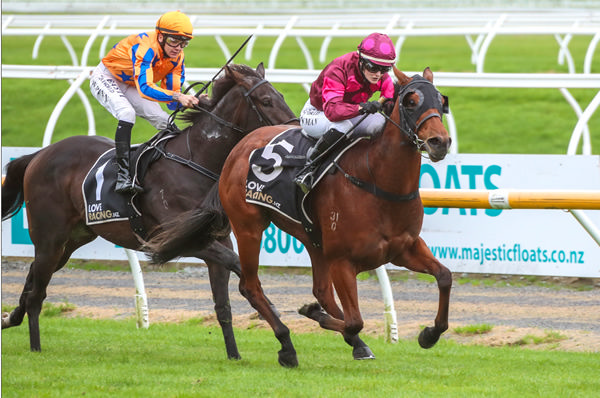 Illicit Dreams kicks on strongly to take out the Listed Berkley Stud Champagne Stakes (1200m) at Riccarton Photo: Race Images South