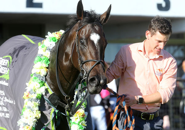 Imperatriz parades with strapper Hunter Durrant after her Te Rapa victory Photo Credit: Trish Dunell