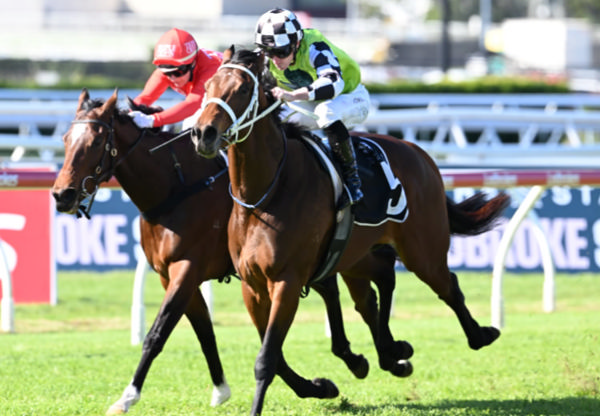 Imperialist (outer) wins the Listed The Phoenix (1500m) at Eagle Farm on Saturday in impressive fashion. Photo: Grant Peters