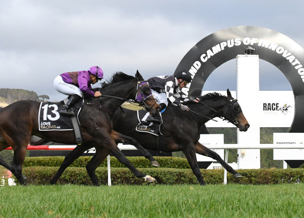 Islington Lass powers away from Lincoln Falls to win Saturday’s Listed James Bull Rangitikei Cup (1600m) at Trentham.  Photo: Peter Rubery (Race Images Palmerston North)