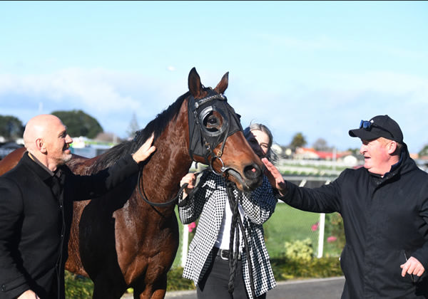 Bruce and Allan Sharrock with Justaskme, after his sensational victory in the Listed Opunake Cup (1400m) at New Plymouth.  Photo: Peter Rubery (Race Images Palmerston North)