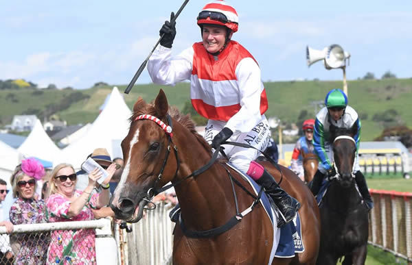 Kelly Coe and Lisa Allpress gain a popular victory in the Listed Steelform Roofing Group Wanganui Cup (2040m) on Saturday.  Photo: Peter Rubery (Race Images Palmerston North)