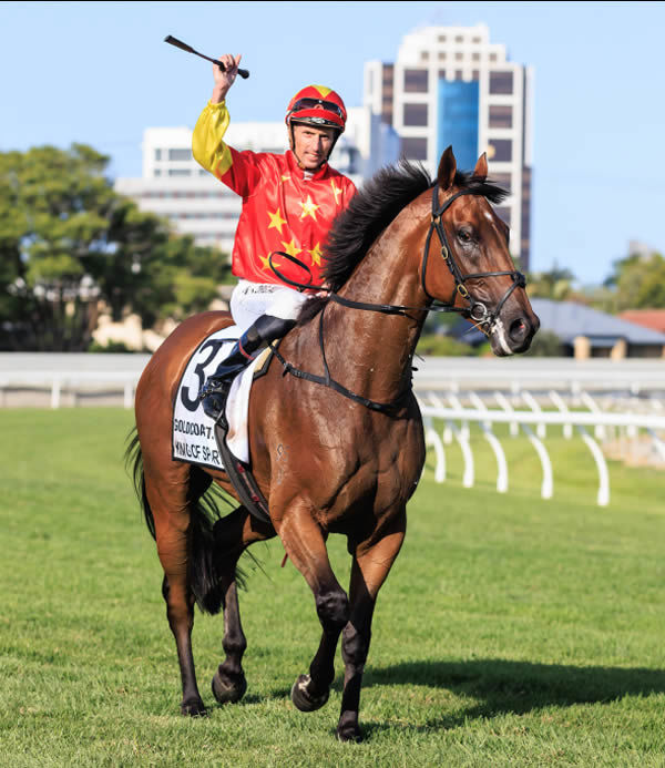 King Of sparta (I am Invincible) captured the $2million 3yo Guineas (image Grant Courtney)