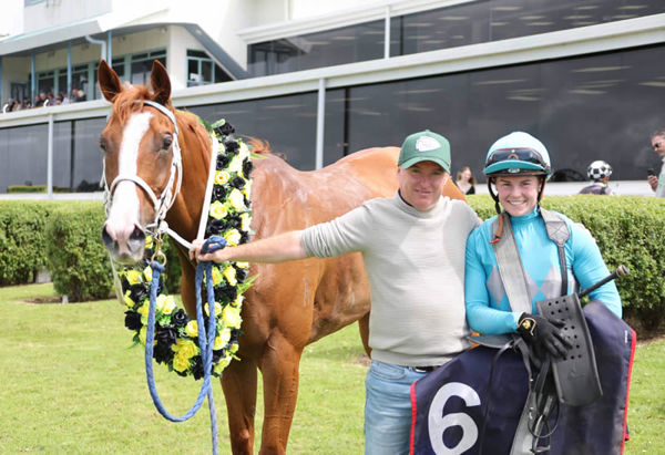 Trainer Clinton Isdale and jockey Elen Nicholas pictured with Knights Realm following their victory in the Gr.3 Denis Wheeler Earthmoving Taranaki Cup (1800m). Photo: Jane Davidson (Race Images)