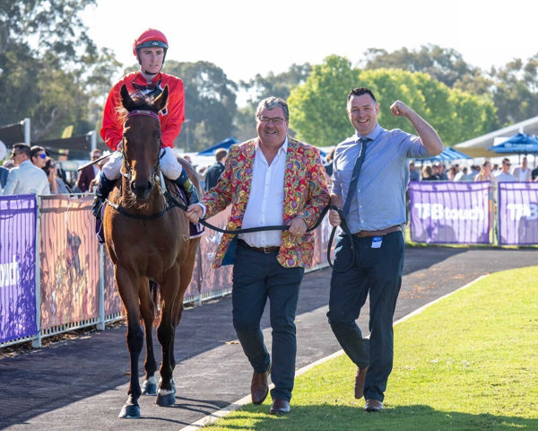 Geisel Park owner Eddie Rigg leads Laced Up Heels back to scale with Conor Dunlop after the Burgess Queen / Photo: Western Racepix