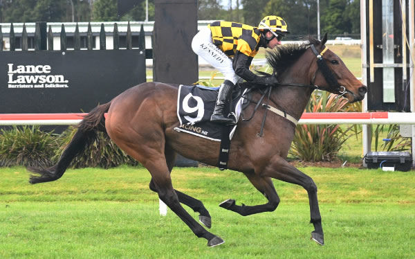 Luberon powers to victory in the Gr.3 Sweynesse Stakes (1215m) at Rotorua on Sunday.   Photo: Kenton Wright (Race Images)