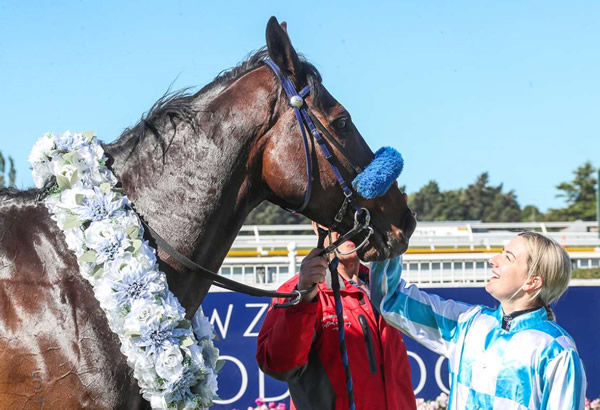 Matscot with jockey Courtney Barnes following their win in the Listed Sothys Spring Classic (2000m) at Riccarton on Saturday. Photo: Race Images South