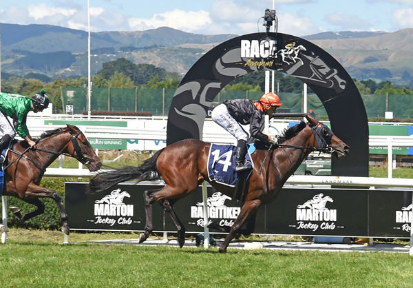 Mehzebeen winning at Awapuni on Wednesday. Photo: Race Images