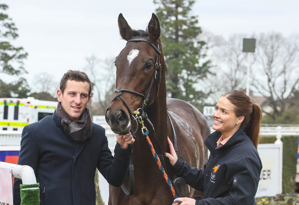 Mitre Peak pictured with Riccarton stable foreman Hunter Durrant and strapper Naomi Warrander.  Photo: Race Images South