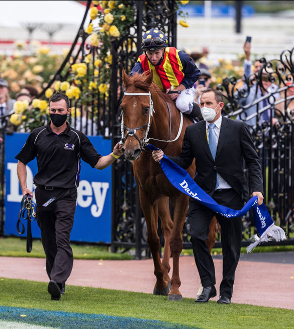 Chris Waller might have missed out on his Melbourne Cup win with Verry Elleegant, but he was at Flemington to lead Nature Strip  back on Saturday - image Grant Courtney.