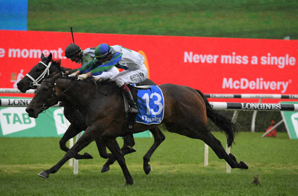 Never Been Kissed wins the Flight Stakes in a thriller - image Steve Hart.